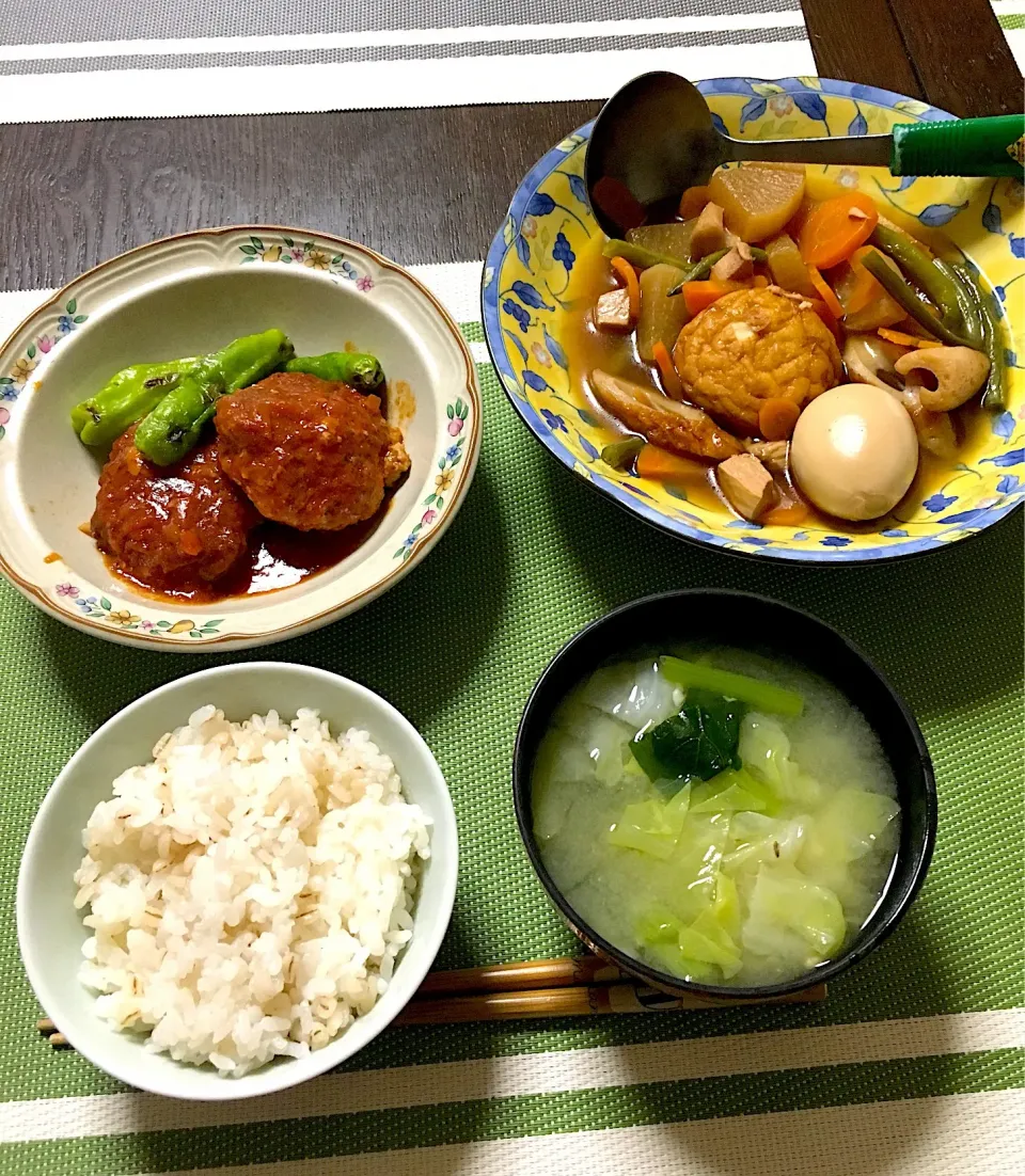 煮込みハンバーグ、魚河岸あげ入り煮物、キャベツと小松菜の味噌汁、麦入りご飯(*^｡^*)|ライムさん