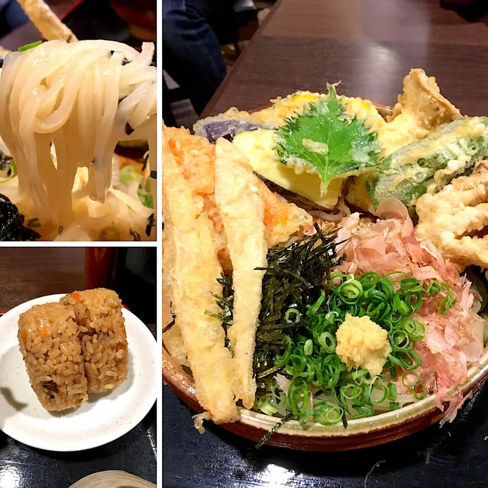 野菜天ぶっかけ&かしわにぎり半分@大地のうどん(高田馬場)|yoooochanさん