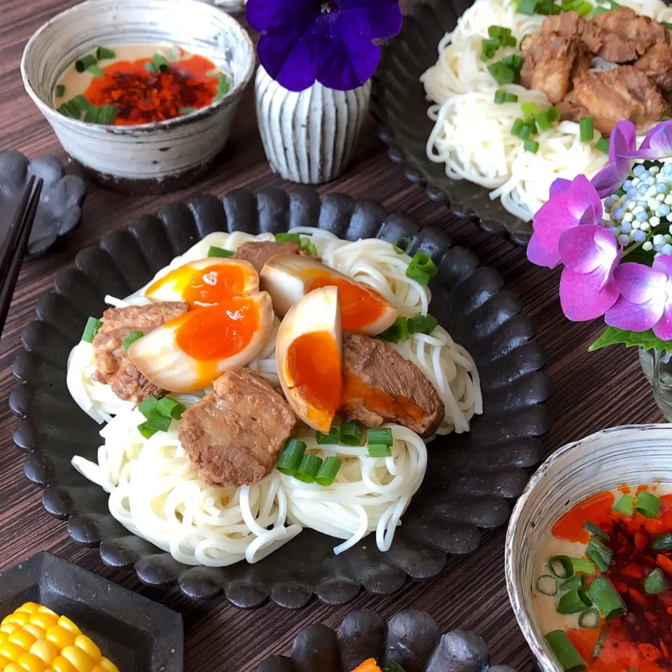 煮卵煮豚のっけ素麺豆乳担々麺|kyoro_sanさん