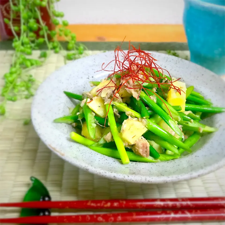 ニンニクの芽とじゃがいもの鯖水煮缶炒め|呑兵衛料理家 おねこさん