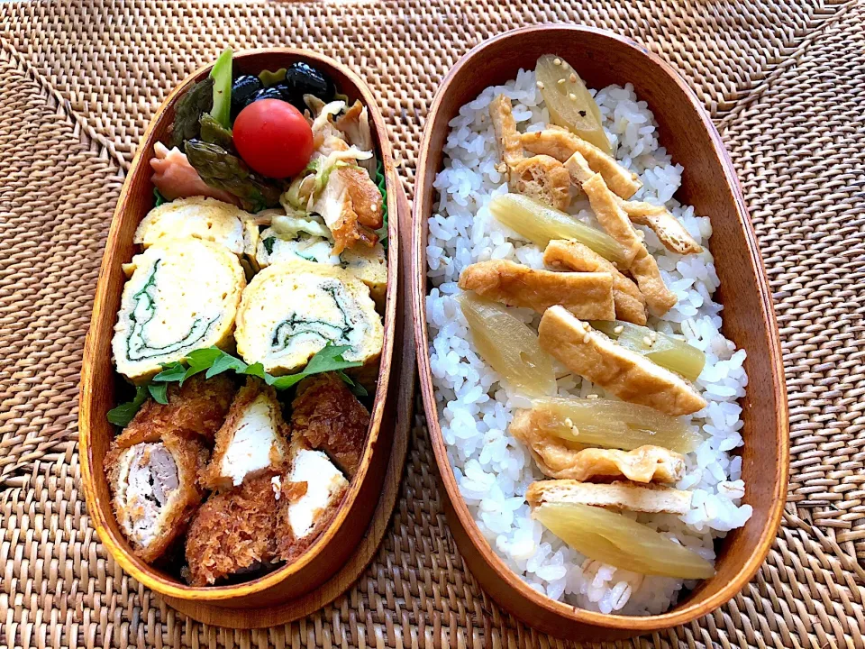 息子弁当🍱豚カツ、紫蘇入り厚焼き玉子、揚げ鳥とキャベツサラダ（セゾンファクトリーの玉ねぎドレッシング使用）蕗とお揚げのキンピラ #息子弁当  #わっぱ弁当  #厚焼き玉子  #セゾンファクトリー  #たまねぎドレッシング  #|Yukie  Toriseさん