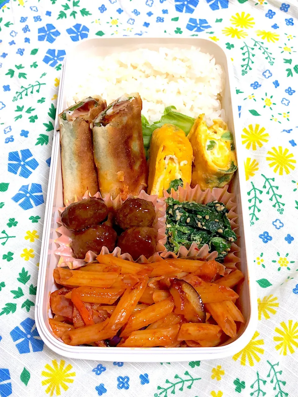 6.6☆旦那弁当
ささみしそチーズ春巻き
ネギ入り卵焼き
ほうれん草のマヨ和え
ミートボール
ペンネナポリタン|のん∞さん