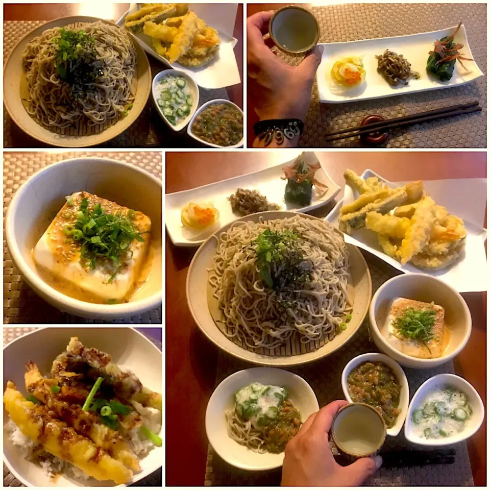 Today's Dinner🍴前菜･ﾋﾟﾘ辛胡麻だれ冷奴･とろろ･ねばx2&さっぱり薬味蕎麦･お惣菜天麩羅<海老･南瓜･ｱｽﾊﾟﾗｶﾞｽ･さつまいも･茄子>|🌈Ami🍻さん