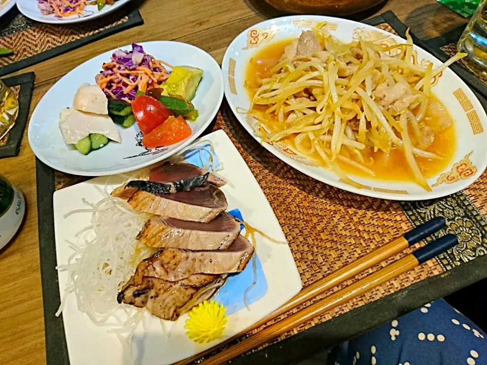 Snapdishの料理写真:お惣菜&枝豆&もやしと豚肉のバタポン|まぐろさん