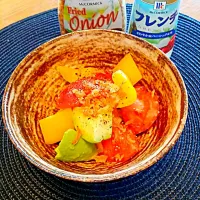 Snapdishの料理写真:夏野菜のドレッシング和えフライドオニオンのせ|Manabu  Yamasakiさん