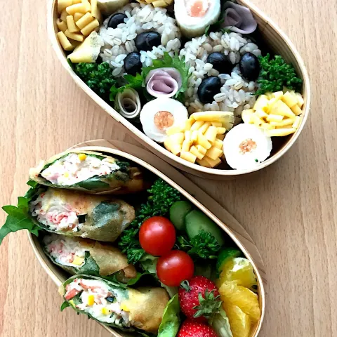 「サラダしたらば」を使ってみたSnapdishの料理・レシピ写真:今日の私のお弁当🍱 週末恒例お片付け弁当 紀文さんのサラダしたらばで春巻き お赤飯みたいな黒豆麦ご飯のおにぎり   #サラダしたらば  #もち麦ご飯