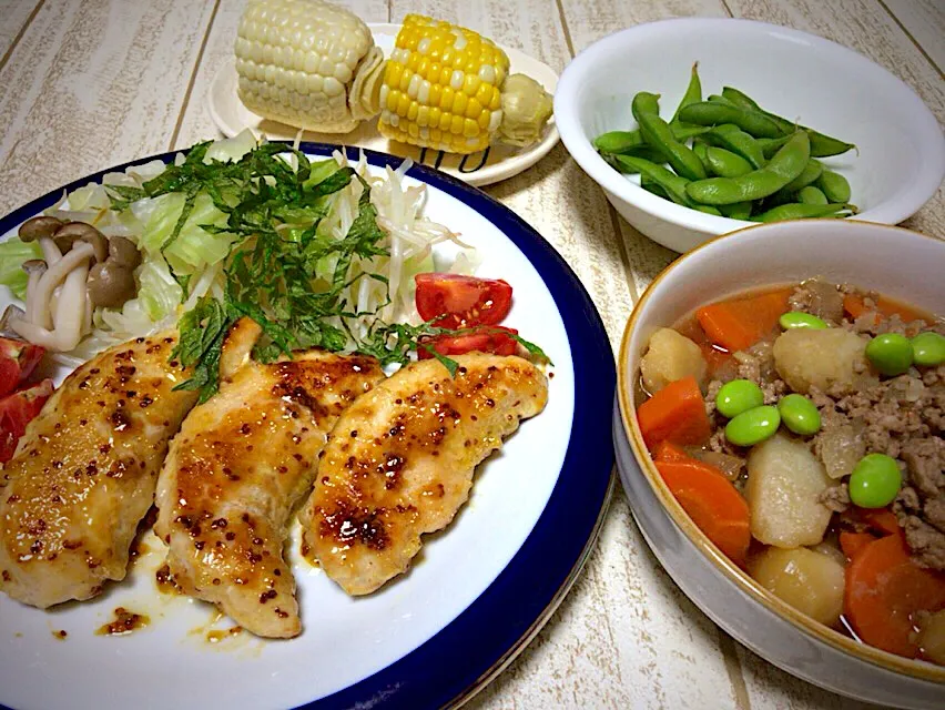 今日の男飯(｡-_-｡)テニス前のヘルシーバージョン🎶鳥ささみのレモンマスタードマヨソテー&肉じゃが&枝豆&とうもろこし二品種🎶|ひーちゃんさん