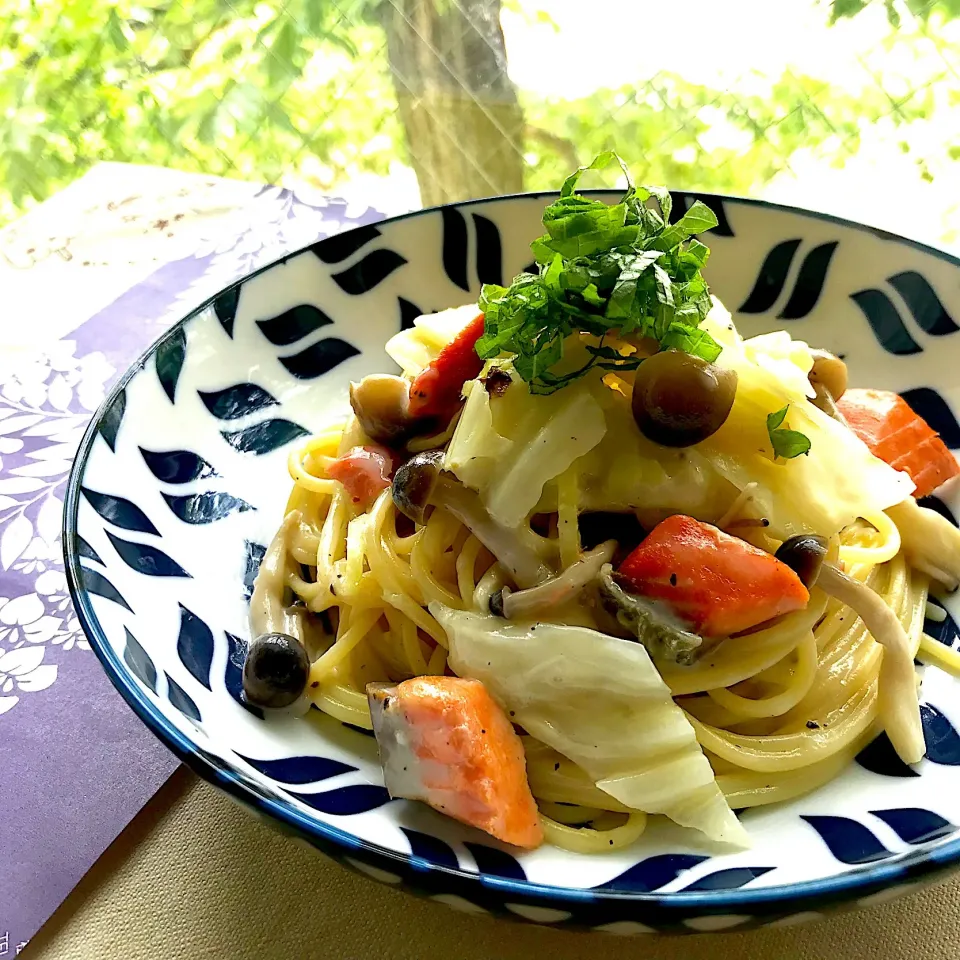 昼ごはん  鮭の和風ミルククリームパスタ|砂雪さん