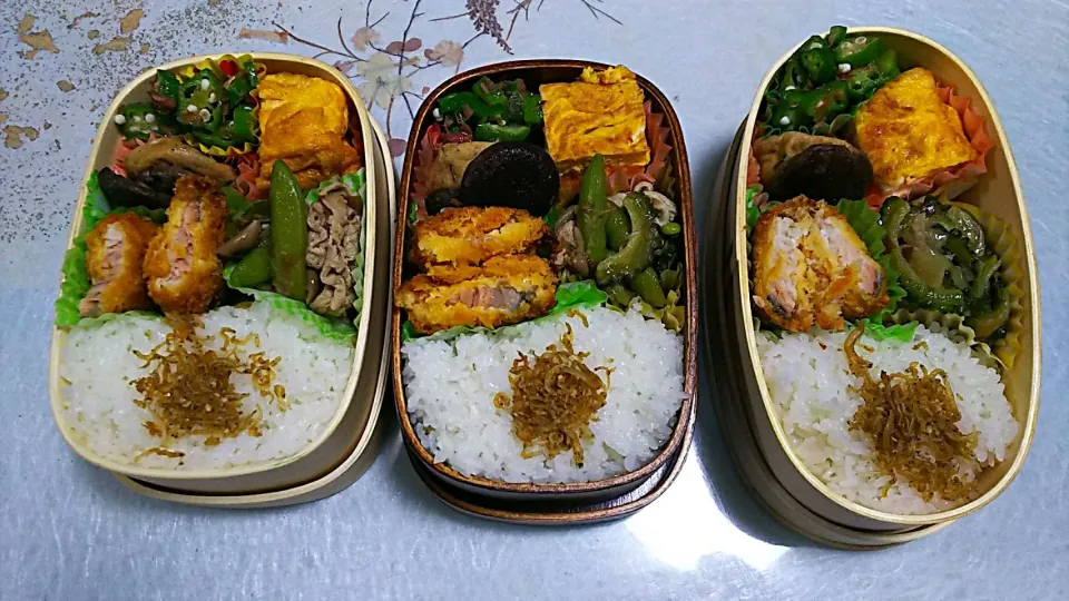 Snapdishの料理写真:今日のお弁当

ゴーヤ入り肉野菜炒め
サーモンフライ
椎茸とがんもの煮物
オクラの梅おかか和え
干しエビ入り卵焼き

ご飯にピリ辛おじゃこのせ|ボスママさん