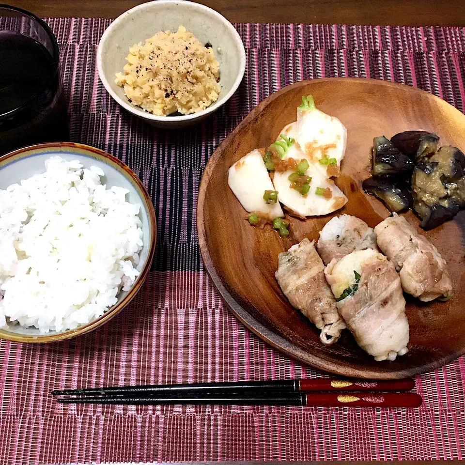 長芋の豚しそ巻き、カブの梅和え、茄子の味噌和え、やみつきツナポテサラ|たまさん