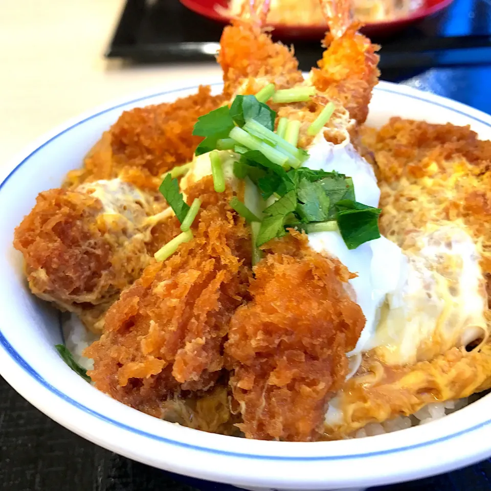 ヒレカツ、メンチカツ、エビフライたまごとじ丼(´｡✪ω✪｡`)❤️|さくらさん