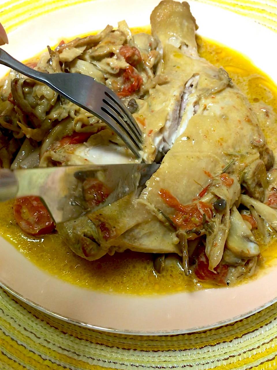 鶏肉ときのこのロースト～ハーブソース添え🌿#バーミキュラ #ローストチキン #オリーブオイル