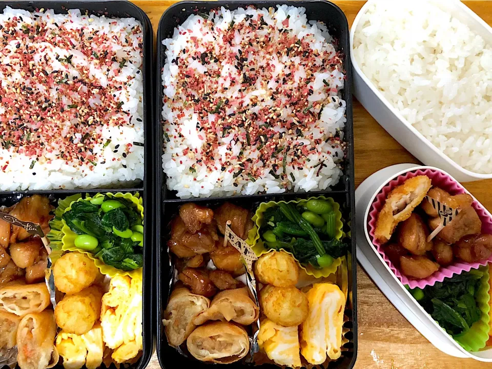 Snapdishの料理写真:JKと男子2人分お弁当🍙
 #ナッツアレルギー 
 #牛乳アレルギー 
 #お弁当|とんちゃさん