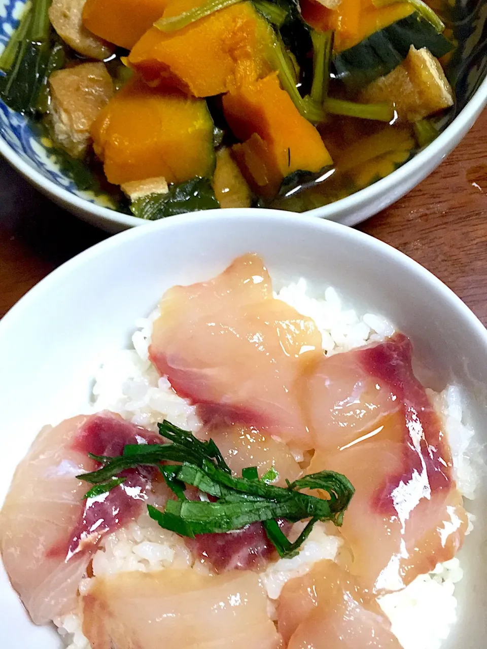 Snapdishの料理写真:白身魚の漬け丼    南瓜と小松菜の煮物|掛谷節子さん