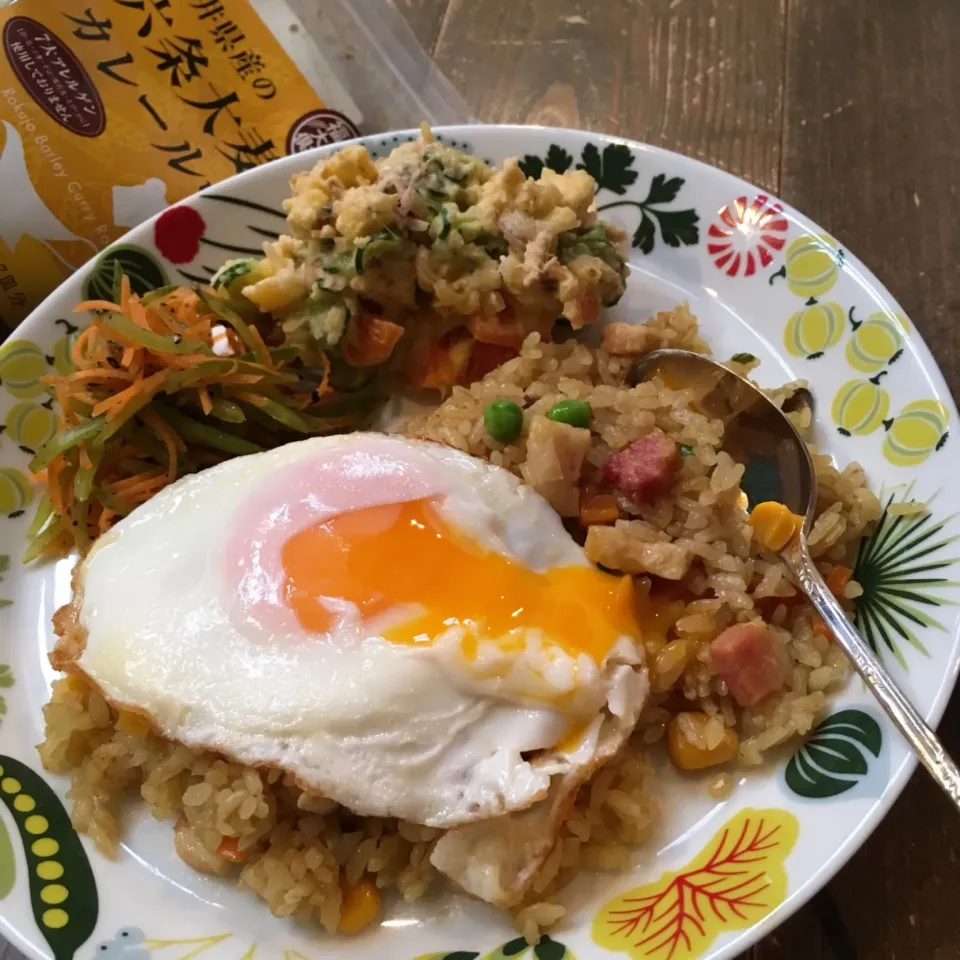 Snapdishの料理写真:カレーピラフ・にんじんサラダ・インカのめざめポテサラ #もち麦 #大麦カレールー|七海さん