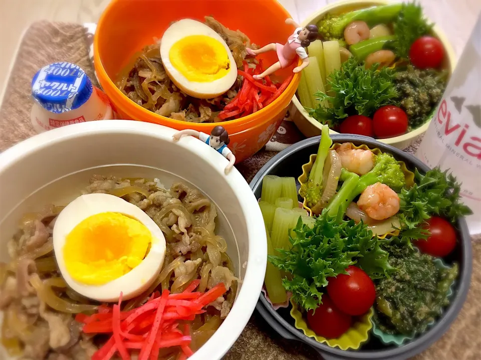 Snapdishの料理写真:牛丼(ブレンド発芽玄米ご飯🍚)&味玉&あわび茸入りエビ🦐とブロッコリー🥦の中華炒め&フキのだし煮&春菊の胡麻和え&サニーレタス&プチトマト🍅の夫婦お弁当♪

 #弁当  #フチ子 #牛丼#自宅のフキ|桃実さん