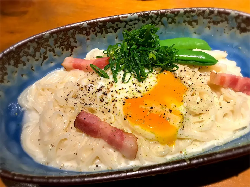 カルボナーラ風 豆乳クリーム混ぜめん 温玉のせ1|半田手延べそうめんの店 阿波や壱兆さん