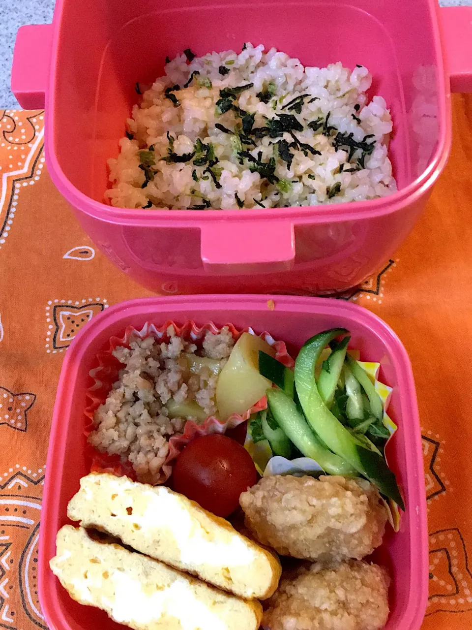 ♫6/14今日のお弁当♫〜鳥唐揚げ、だし巻き卵、じゃがいものそぼろ煮、きゅうりとシソの漬物、プチトマト〜|Satokoさん