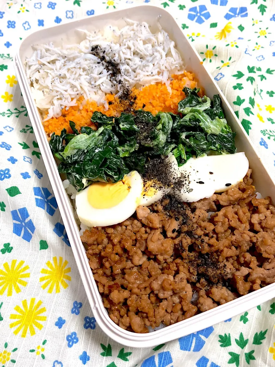 6.14☆旦那弁当
5色弁当
豚肉のそぼろ・ゆで卵・ほうれん草のマヨ和え・鮭のそぼろ・釜揚げしらす|のん∞さん