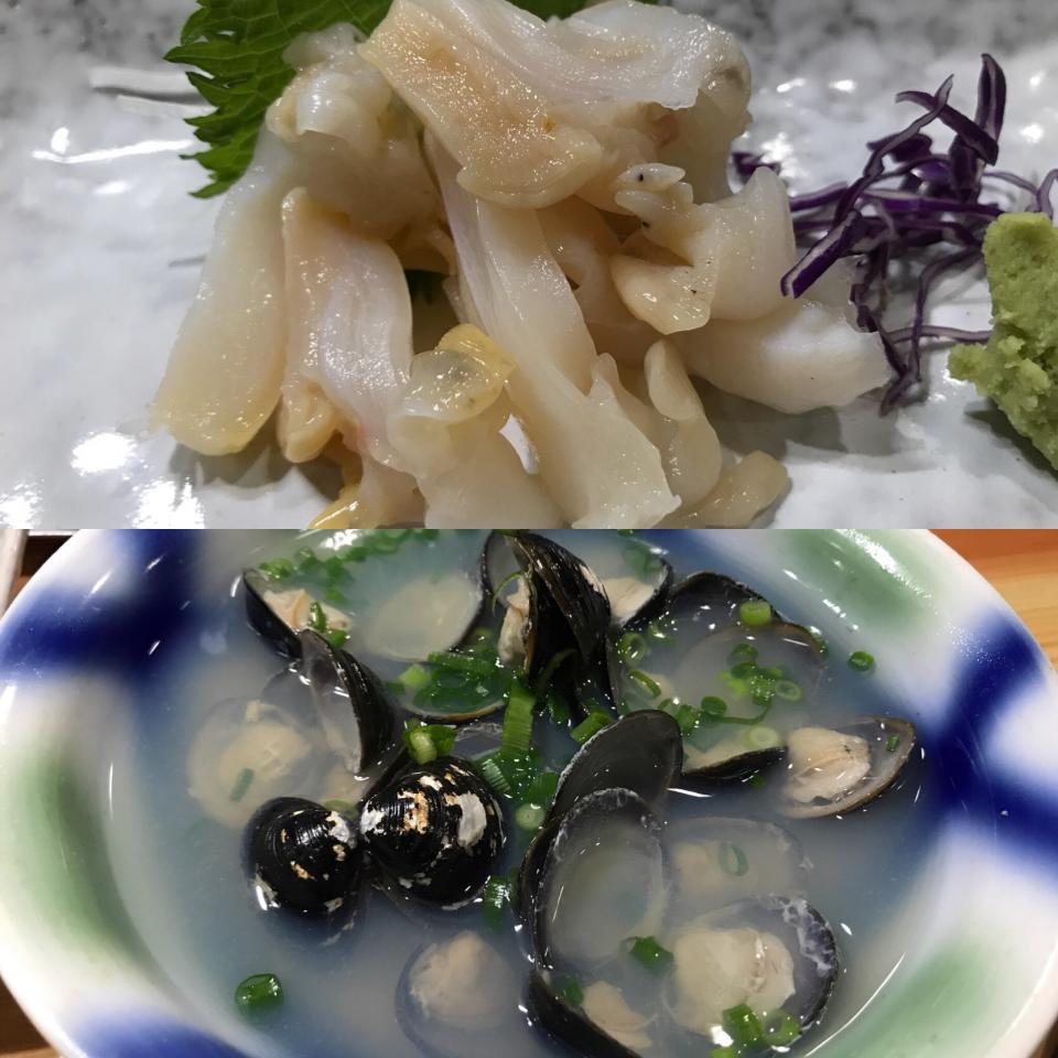 バイ貝の刺身とあさりの酒蒸し。宍道湖の蜆はやはり美味かった！松江。各駅停車の旅。