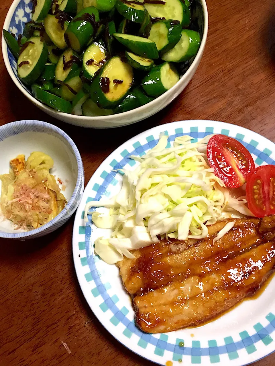 Snapdishの料理写真:鰯の蒲焼き   焼き茄子   胡瓜🥒の塩昆布和え|掛谷節子さん