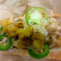 Snapdishの料理写真:The Hawaiian Dog...All Beef Hotdog topped with Grilled Pineapples, Red Onions, Jalapenos, and Teriyaki Mayo|Crystal Carltonさん