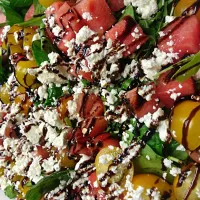 Snapdishの料理写真:Summer Salad...Baby Arugula and Spinach topped with Cubed Watermelon, Baby Heirloom Tomatoes, Feta Cheese with a Balsamic Drizzle|Crystal Carltonさん