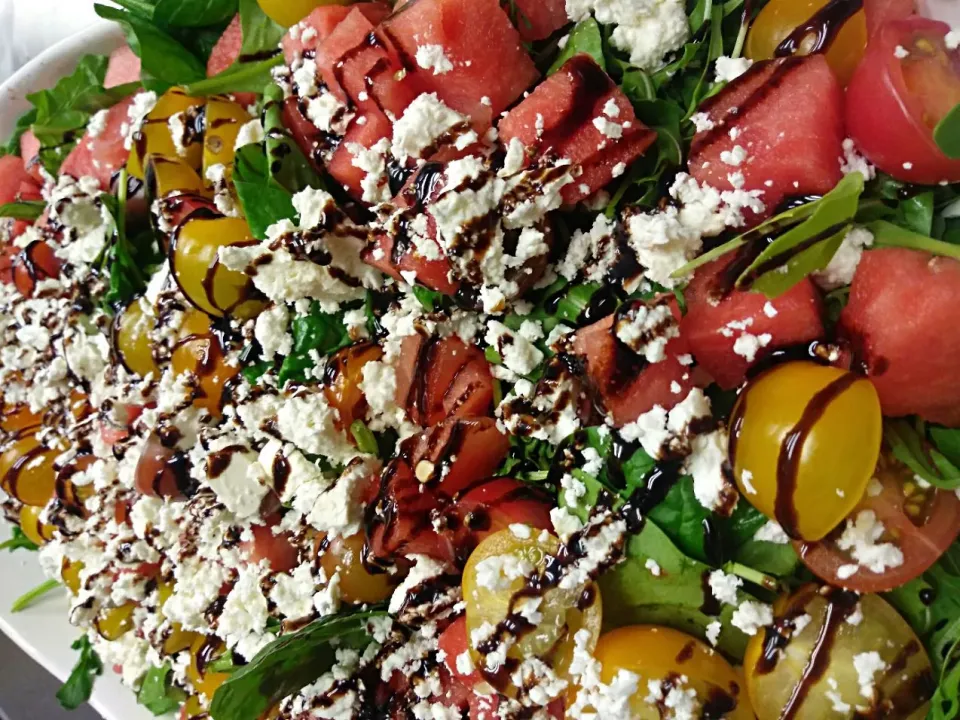 Summer Salad...Baby Arugula and Spinach topped with Cubed Watermelon, Baby Heirloom Tomatoes, Feta Cheese with a Balsamic Drizzle|Crystal Carltonさん