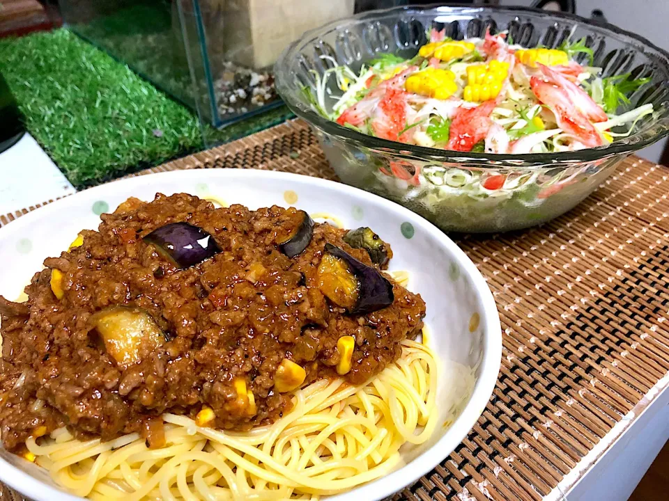 ミートソースパスタ  カニかまサラダ|石川洋子さん