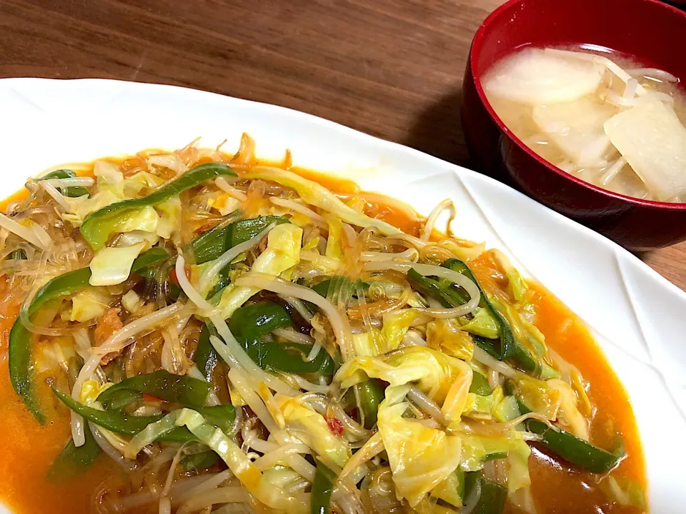 麻婆春雨&大根ともやしのお味噌汁|♡あき♡さん