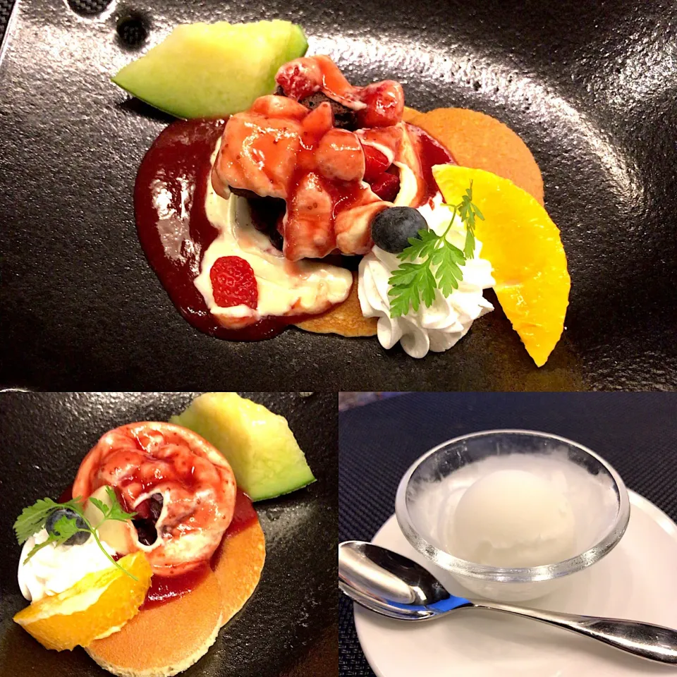 Snapdishの料理写真:丸いショコラと彩りフルーツのデセール🍓

お口直しのレモン🍋シャーベット🍨|るみおんさん