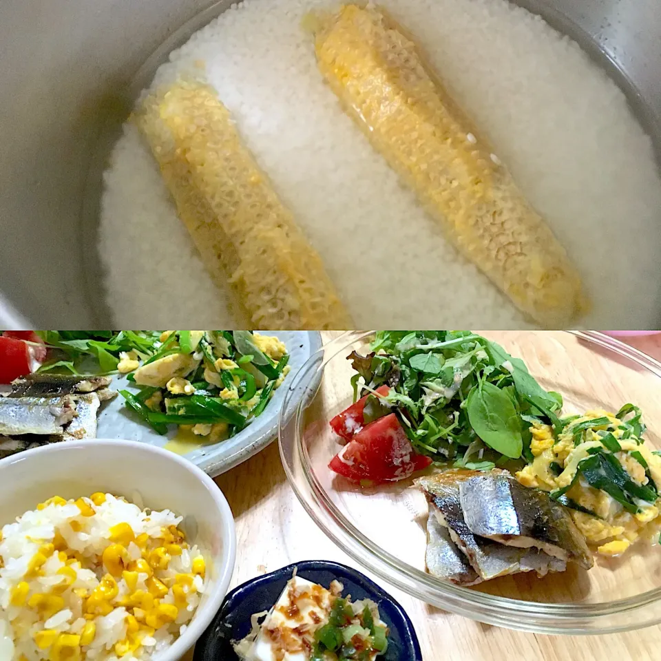 Snapdishの料理写真:コーン🌽ご飯でにちようびの晩御飯((´艸｀*))|さくたえさん