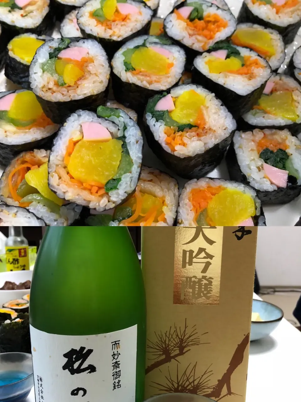 キムパを作ってみました。美味しいマッコリが売り切れだったようで、
日本酒、松の翠をキンキンに冷やして。|sniper66さん