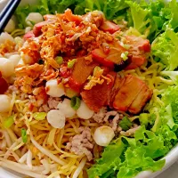 egg noodle with roast pork and small fishballs.บะหมี่แห้งหมูแดงลูกชิ้นปลาจิ๋ว|natteさん