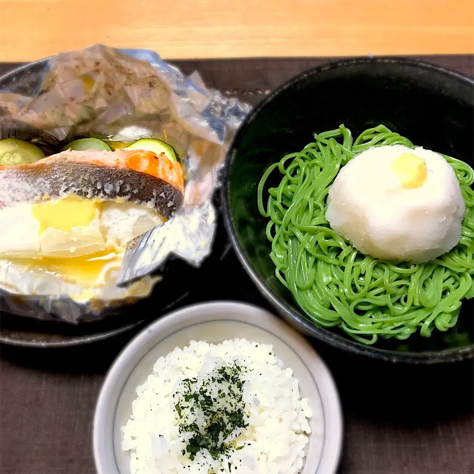 今日の晩御飯
抹茶そうめん/鮭のホイル焼き 塩麹生姜/碾茶めし|&しーさん