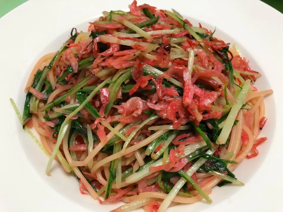 干し海老と水菜のペペロンチーノ|こぐまさん