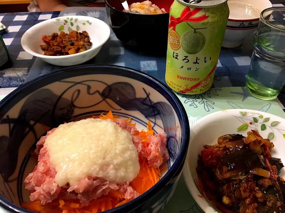 ネギトロ丼、茄子ひき肉トマト煮|ありすさん