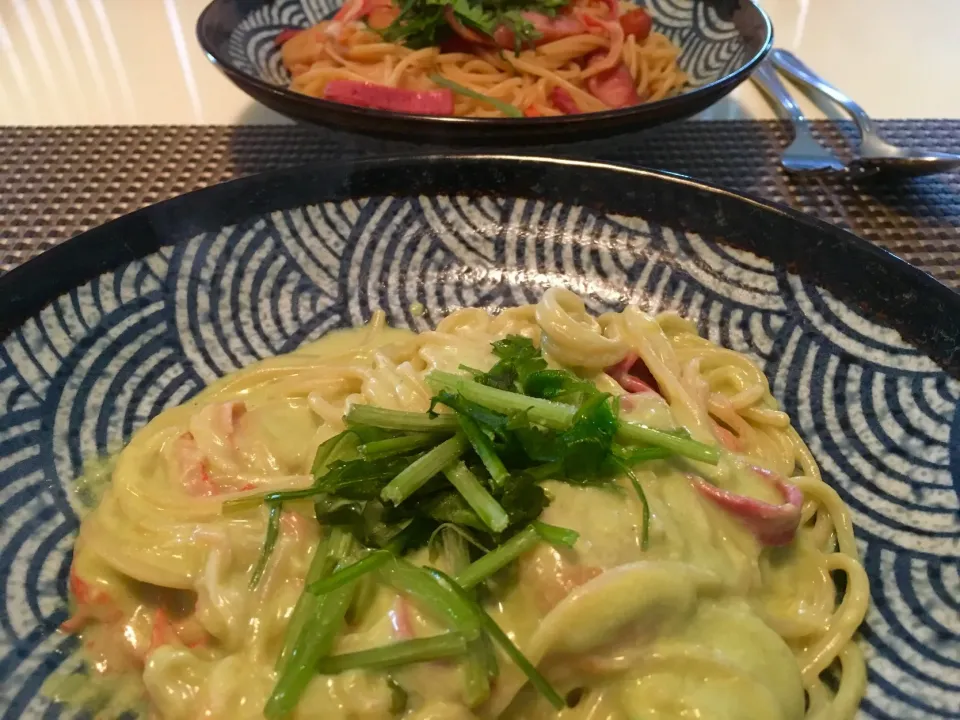 20180623パスタ🍝旦那さんは和風パスタ🍝わたしはアボカドソースのパスタ🍝
 #アボ部  #🍴旦那さんの朝ごはん  #アボカド|akiyo22さん