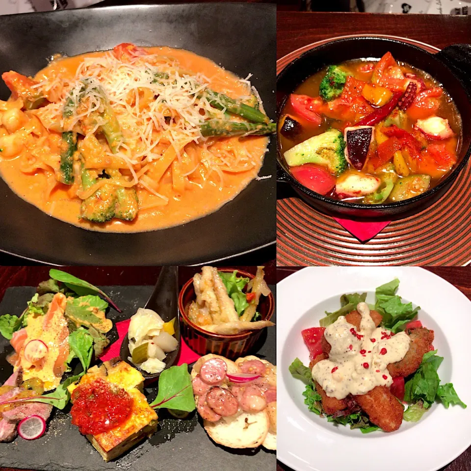 前菜6種盛り
ウニと小柱の濃厚トマト🍅クリーム生フィットチーネ🍝
アヒージョ
魚介とお肉のフリット盛合せタルタルソース|るみおんさん