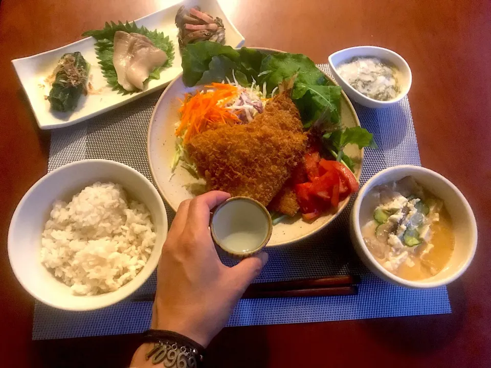 Snapdishの料理写真:Today's Dinner🍴前菜･鯵ﾌﾗｲ<お惣菜>･大和芋&めかぶ･もち麦飯･冷汁|🌈Ami🍻さん