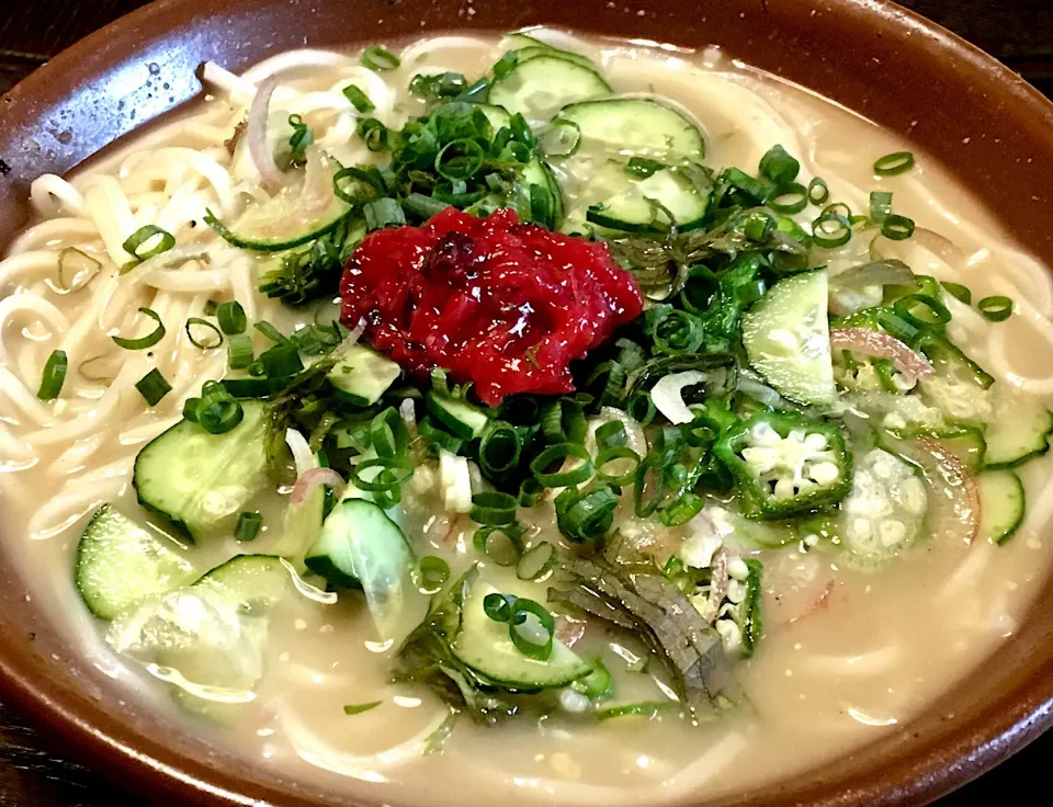 Snapdishの料理写真:冷汁で麺
#宮崎風冷汁
#冷麦
#梅干で味にアクセント|mottomoさん