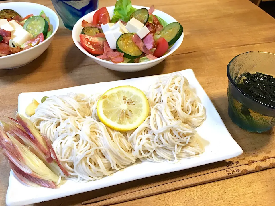 冷やしソーメン♪
ズッキーニとトマトのサラダ♪|かおちゃんさん