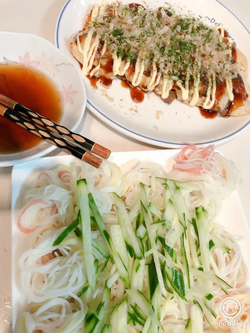 Snapdishの料理写真:#そうめん#めんつゆ調合#お好み焼き風たこ焼き#|よーちゃんさん