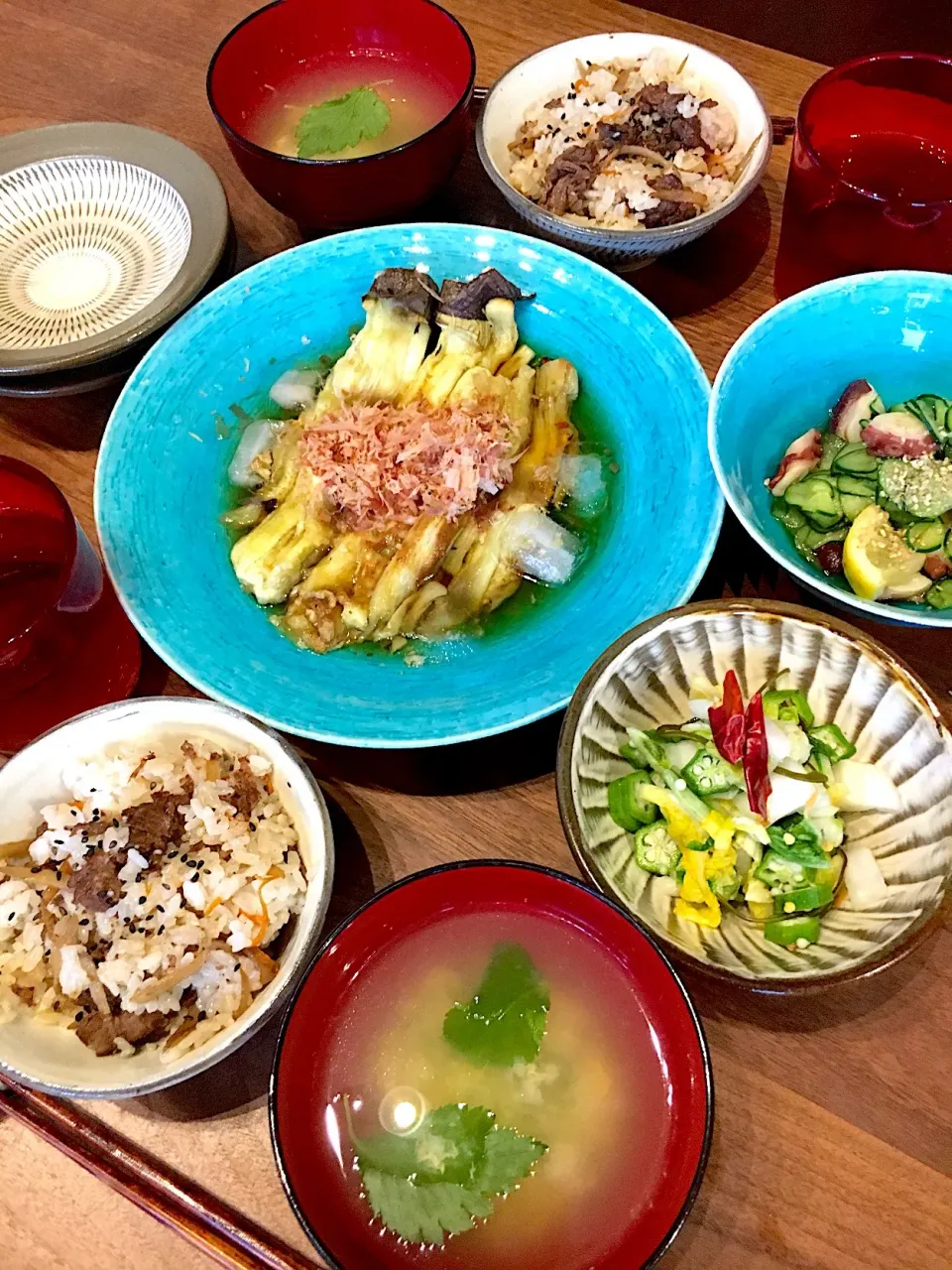 牛肉牛蒡生姜飯、焼きナス、タコ酢、卵スープ市川食堂夏メニュー|市川食堂さん