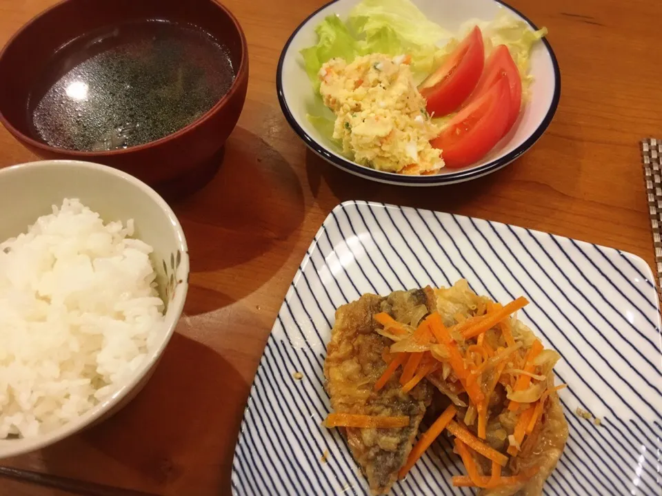 18/06/28 夕飯♪ 鯵南蛮漬  ポテトサラダ  ワカメスープ|ikukoさん