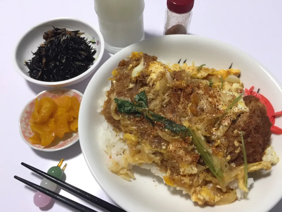 今宵は、カツ丼🐽とか。
#カツ丼
#ひじき煮
#つぼ漬|Kojiさん