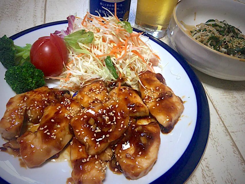 今日の男飯(｡-_-｡)鳥胸肉の照り焼き&もやしのナムル&静岡麦酒🎶|ひーちゃんさん