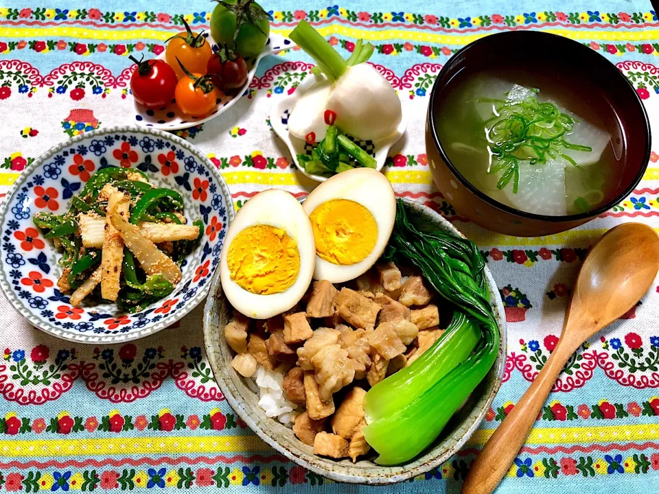 ꕥ魯肉飯*ルーローハン*・ピーマンと長芋の明太子炒め・カブの浅漬け・ミニトマト・大根スープꕥ|がぁがさん