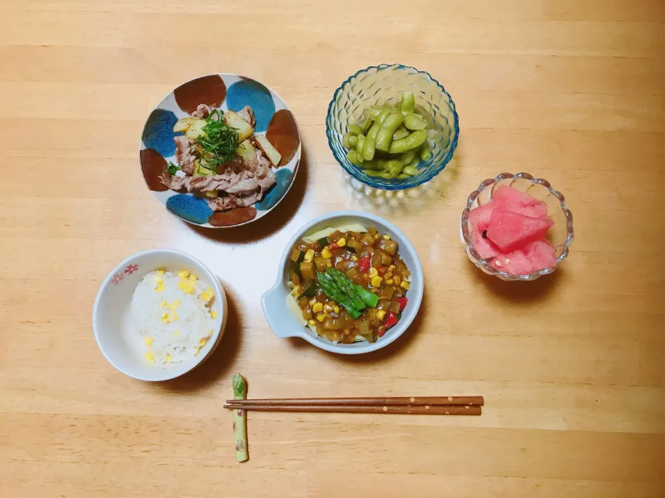 とうもろこしご飯                                                夏野菜カレー マカロニ添え                                                   豚肉とじゃがいもの香味焼き|ちゃみこさん