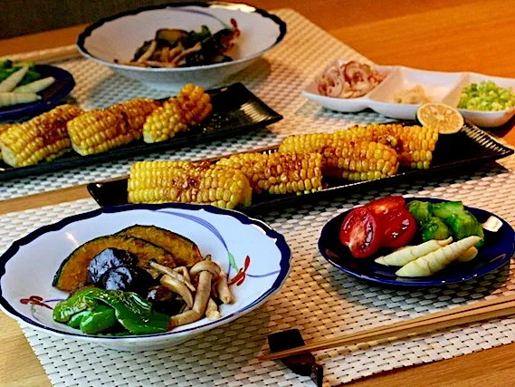 夏野菜揚げ浸し、焼きトウモロコシ風|papinさん